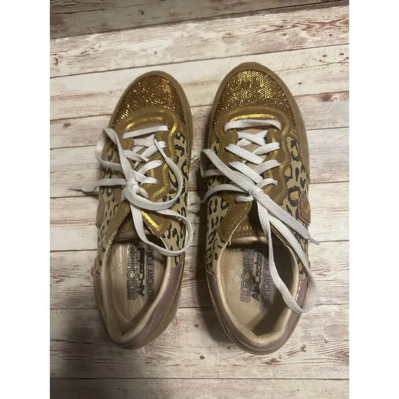 Skecher's Glitter Leopard Love Sneakers Size 8 Suede Textiles Memory Foam Gold - Picture 4 of 10